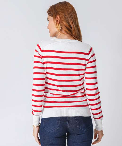 Suéter Feminino Listrado Gola V Marisa Bege