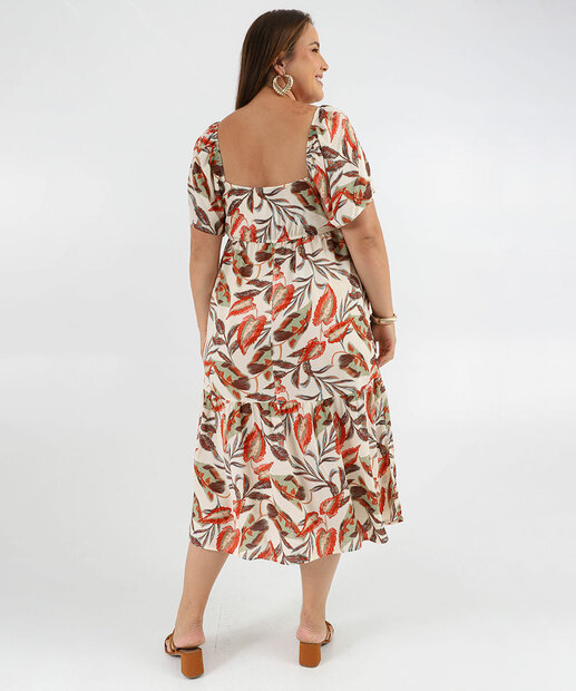 Vestido Plus Size Feminino Midi Folhas Marisa Bege