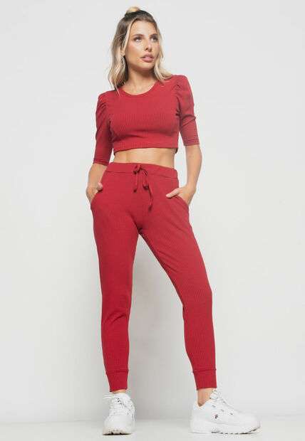 Cropped  Princesa Gola Redonda Malha Canelada Vermelho Salvatore Fashion