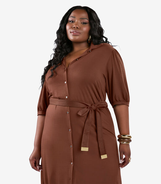 Vestido Midi Manga 3/4 Plus Size Secret Glam Marrom