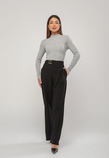 Blusa de Tricot Modal com Gola Alta e Manga Canelada Cinza Salvatore