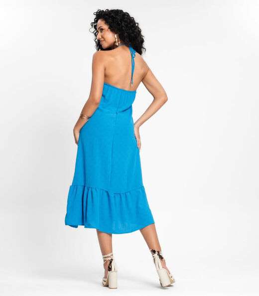 Vestido Midi De Alça E Babados Em Air Flow Rovitex Azul
