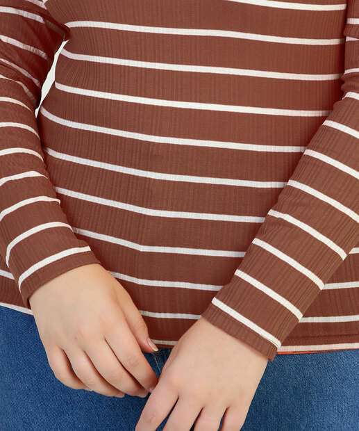 Blusa Plus Size Feminina Canelada Listrada Manga Longa