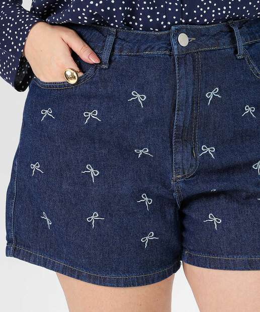 Short Plus Size Feminino Jeans Bordado Laços Azul