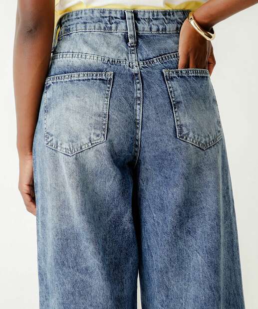 Calça Jeans Wide Leg Feminina Marmorizada Bolsos Marisa