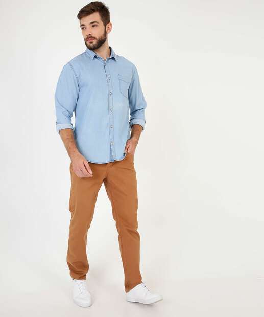 Camisa Masculina Jeans Bolso Manga Longa MR