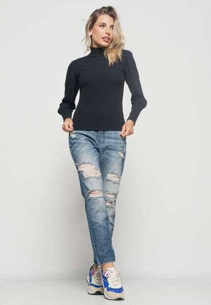 Blusa  Princesa Manga Longa Canelada Preta