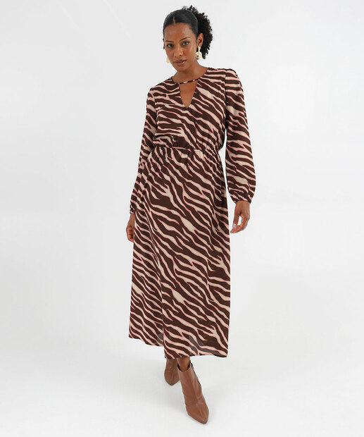 Vestido Feminino Midi estampado Marisa Marrom