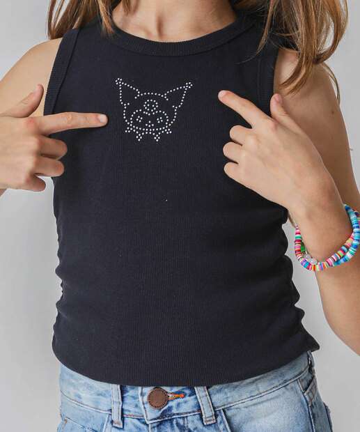 Blusa Juvenil Canelado Kuromi Tam 10 a 16 Preto