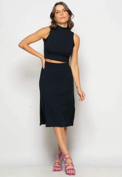 Conjunto Cropped Regata E Saia Midi Malha Canelada Preto Salvatore