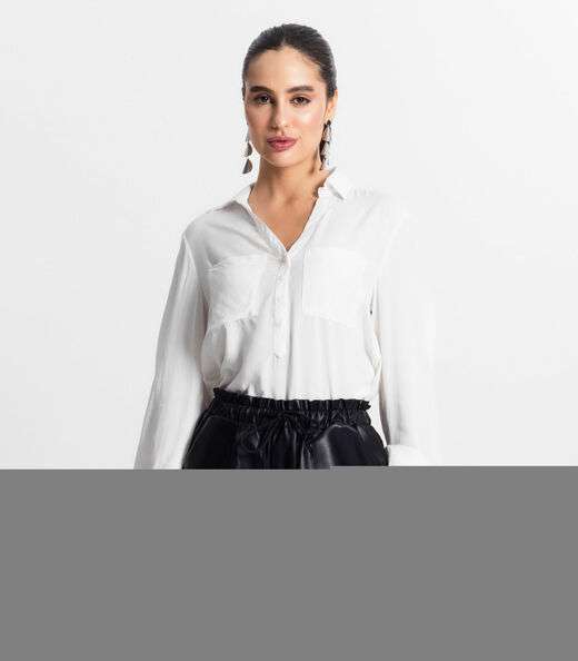 Camisa Feminina Com Bolsos Manga Longa Select Bege