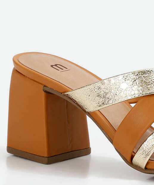 Tamanco Feminino Salto Grosso Tiras Metalizadas Marisa