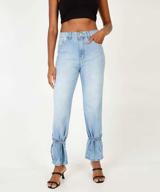 Image_Calça Reta Feminina Bolsos Amarração Zune Jeans