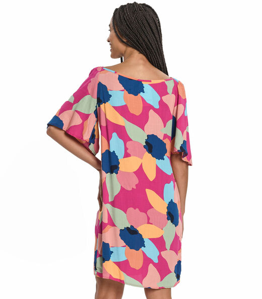 Vestido Com Manga Bufante Flores Rovitex Rosa