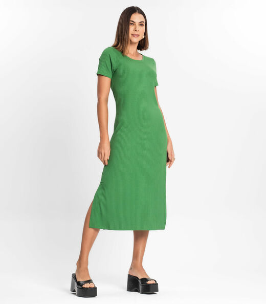 Vestido Midi Ribana Canelada Básico Rovitex Verde
