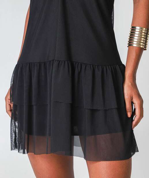 Vestido Feminino Tule Babado Marisa Preto