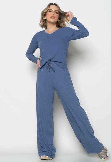 Blusa  Gola V Manga Longa Canelada Azul Claro Salvatore Fashion