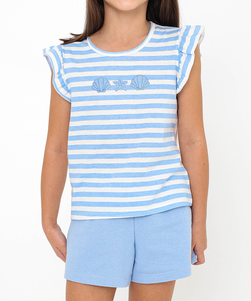 Conjunto Infantil Listrado Babado Marisa Tam 4 a 10 Azul