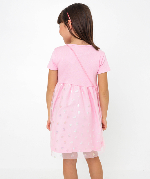 Vestido Infantil Tule Coração Foil Bolsa Marisa Tam 4 a 10 Rosa