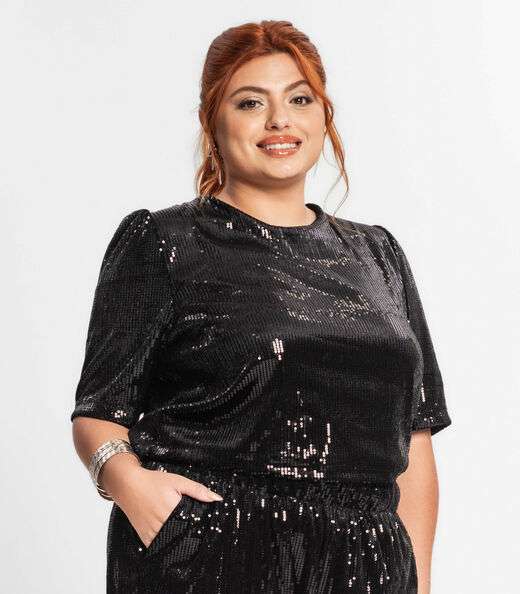 Blusa Feminina Plus Size Em Paetê Secret Glam Preto