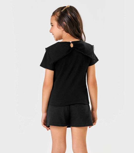 Blusa Manga Curta Cotton Decote Laço Trick Nick Preto