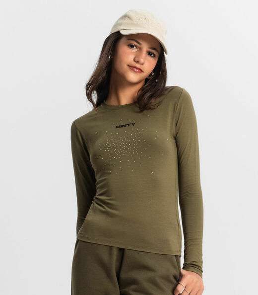 Blusa Juvenil Com Strass Manga Longa Minty Verde