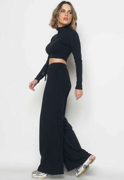 Conjunto Comfy Cropped Manga Longa e Calça Wide Leg Canelado Preto Salvatore Fas