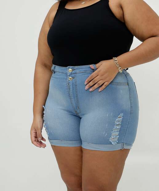Short Plus Size Feminino Destroyed Barra Dobrada Ecxo Jeans