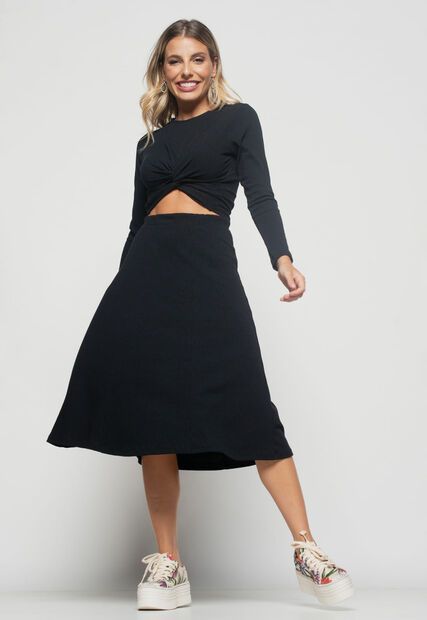 Cropped  Nó Manga Longa Canelada Preto Salvatore Fashion