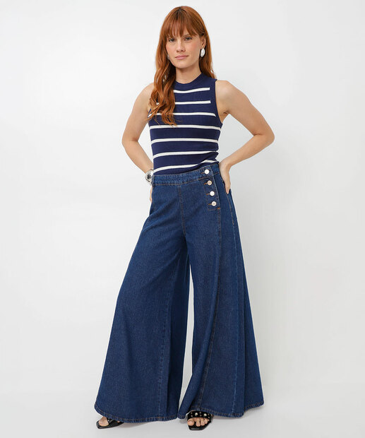 Image_Calça Jeans Palazzo Botões Feminina Sawary Azul
