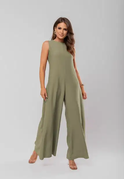 Macacão Regata Feminino Alfaiataria Pantalona Verde Oliva Salvatore Fashion