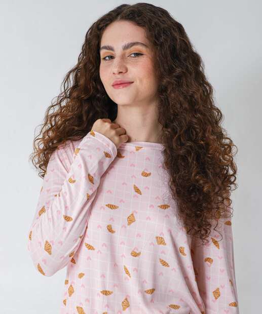 Pijama Feminino Estampado Manga Longa Marisa Rosa