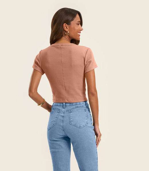 Blusa Cropped Ribana Básica Rovitex Marrom