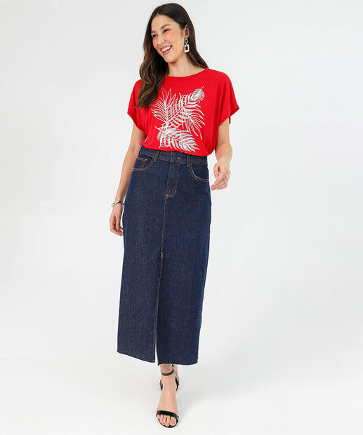 Blusa Feminina Estampa Folhas Manga Curta Marisa Vermelho