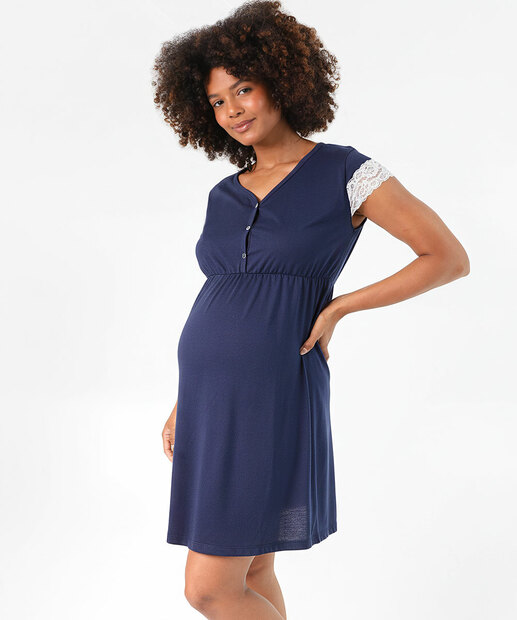 Camisola Gestante Recorte Renda Marisa Azul