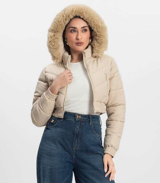 Jaqueta Feminina Peluciada Com Capuz Sea Surf Bege