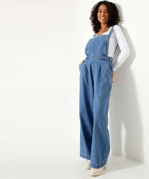 Macacão Feminino Jeans Bolsos Marisa  