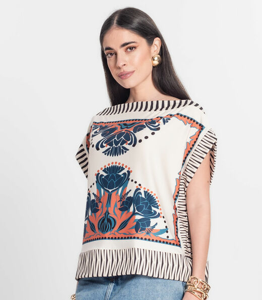 Blusa Feminina Manga Curta Estampada Donna Bege