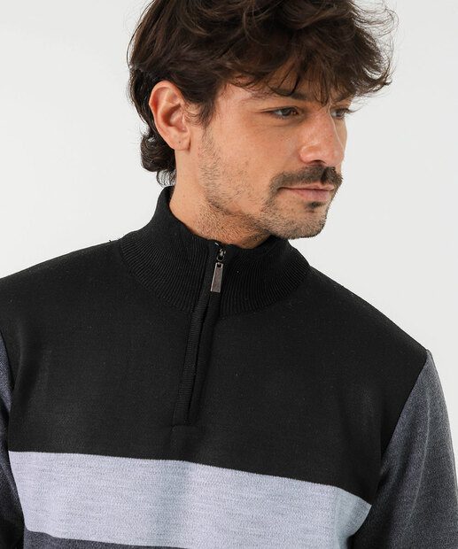 Suéter Masculino Tricô Half Zíper Recortes MR Preto