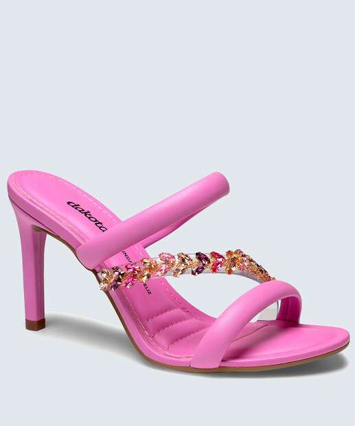 Tamanco Feminino Salto Fino Tiras Pedraria Dakota