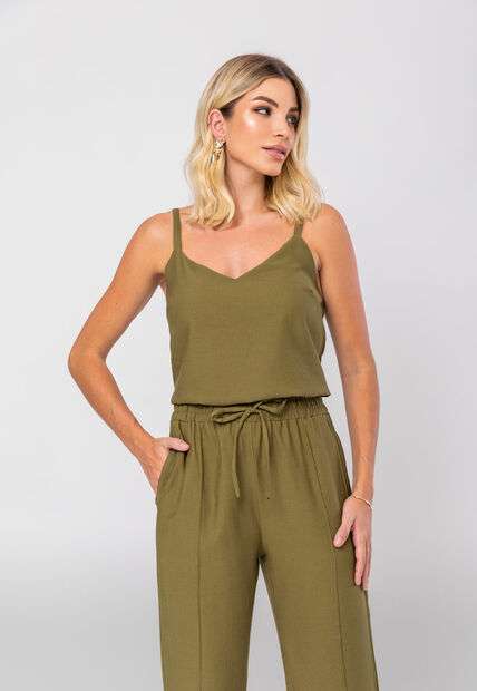 Conjunto Feminino Alfaiataria Regata E Calça Fenda Verde Musgo Salvatore