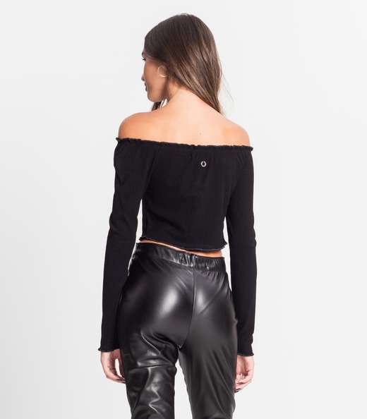 Blusa Juvenil Feminina Manga Longa Canelada Minty Preto