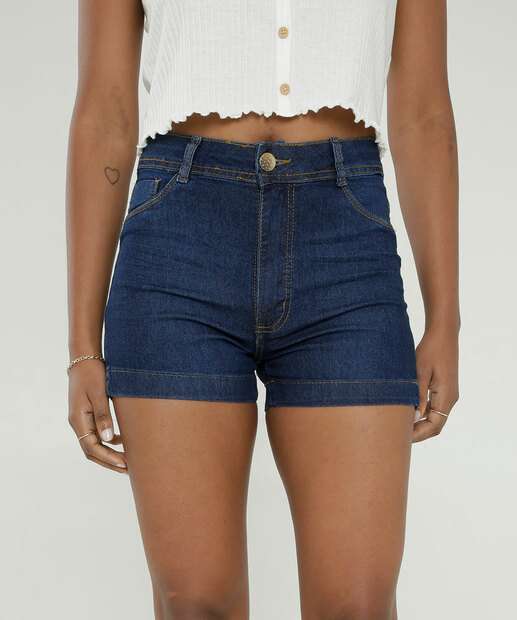 Short Jeans Feminino Cintura Alta Bolsos