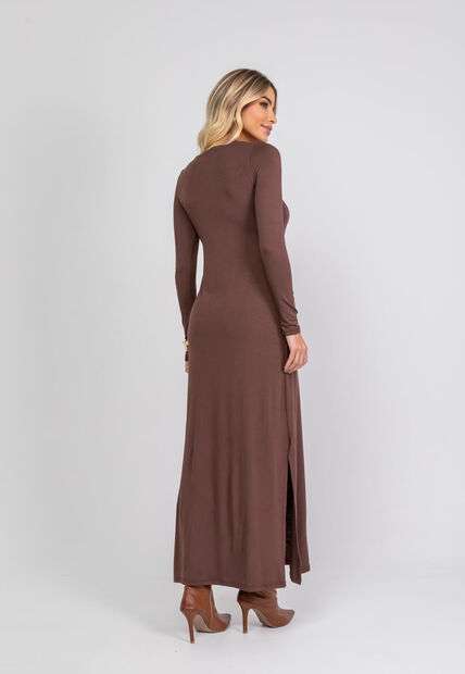 Vestido Longo Manga Longa Malha Marrom Salvatore Fashion
