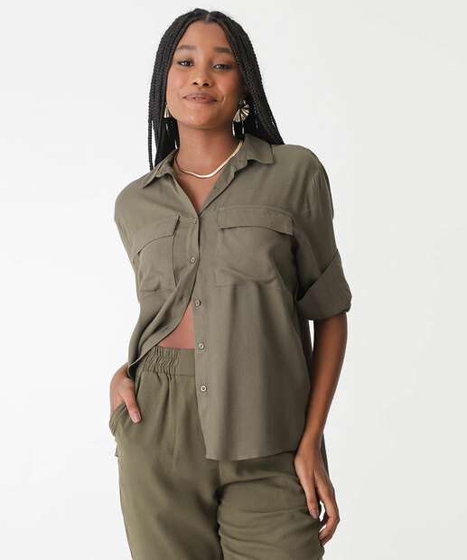  Camisa Feminina Bolsos Manga Longa Marisa