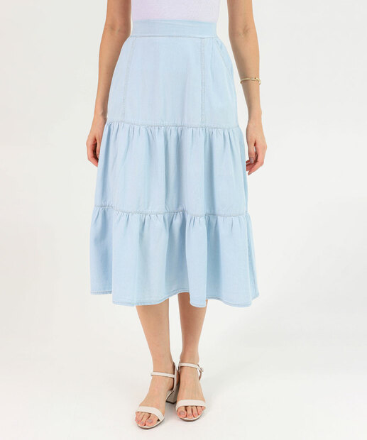 Saia Midi Feminina Azul Claro com Babados Marisa