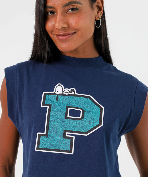 Blusa Cropped Feminina Sem Manga Snoopy Azul