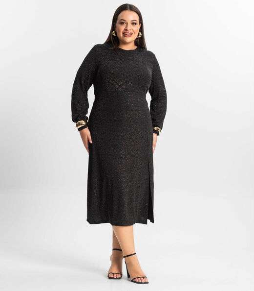 Vestido Midi Plus Size Manga Longa Secret Glam Preto