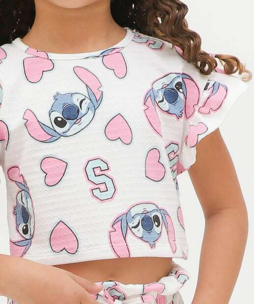 Blusa Infantil Babado Estampa Stitch Disney Tam 4 a 10