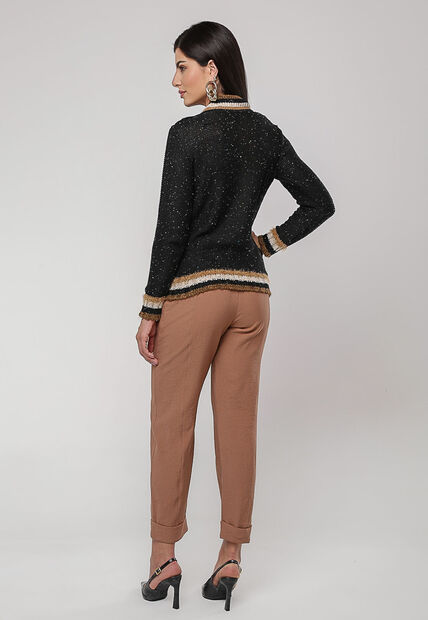 Blusa de Tricot com Fio Boton? Gola Listra Preto Salvatore